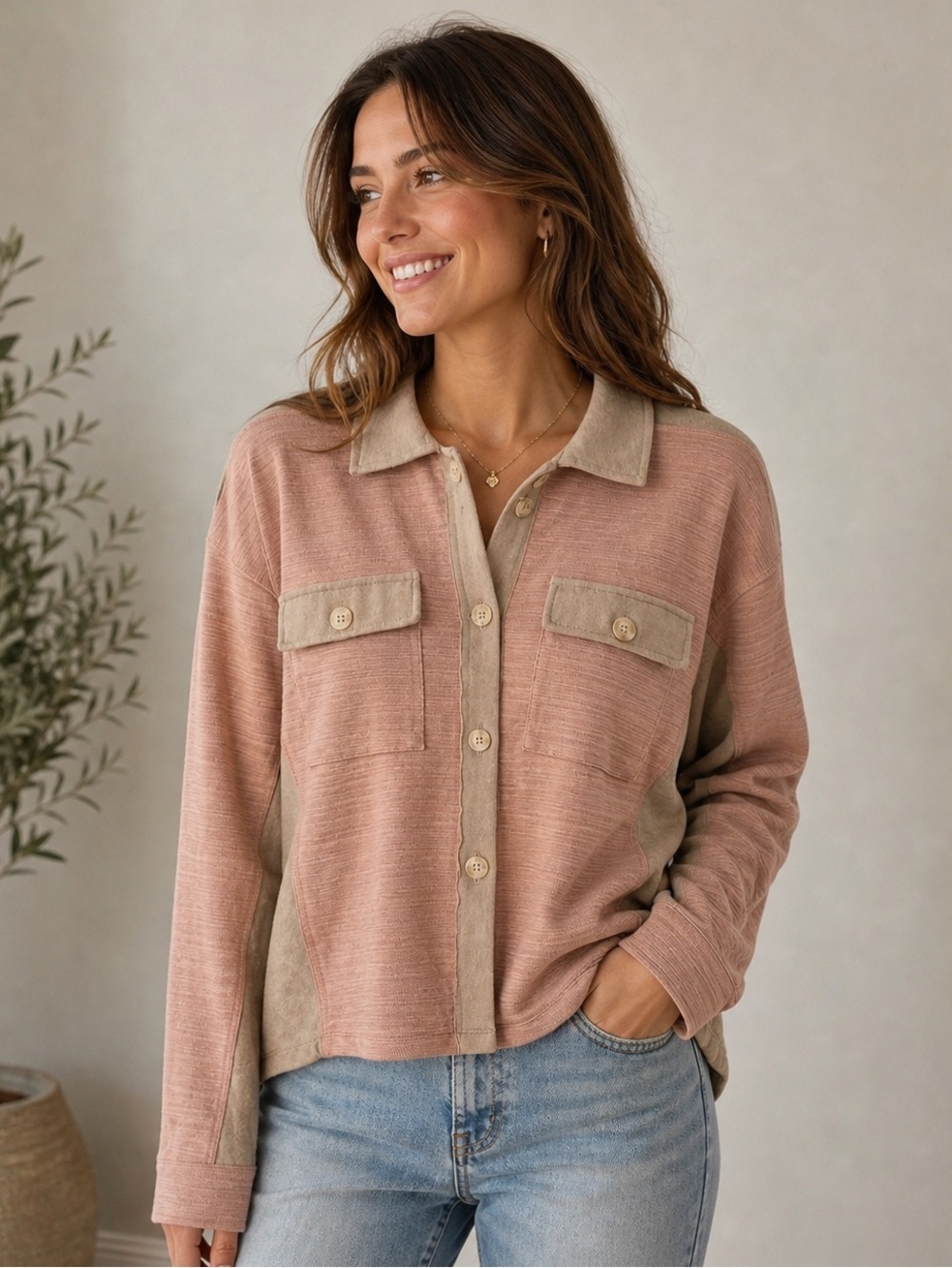 Hem & Thread Pink and Tan Button Down Shirt